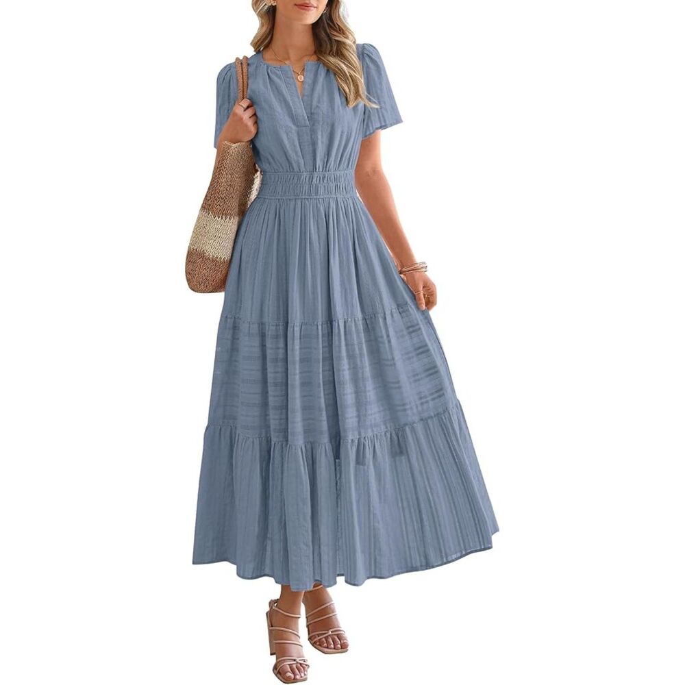 Women's Blue Grey V Neck Short Sleeve A Line Summer Casual Maxi Dress Pockets